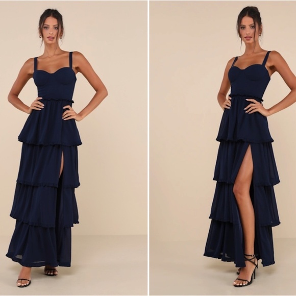 LULU's Sexy Prom Special Event Wedding Flowy Chiffon Corset Tie Back Maxi Dress - Picture 5 of 5